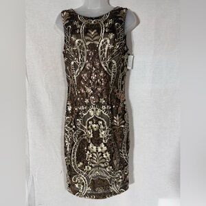 Calvin Klein Brown and Cream Embellished Midi Sheath Dress Size 2